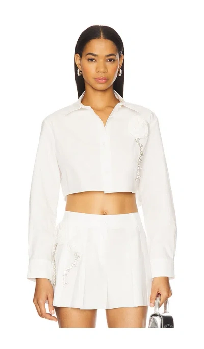 Area Crystal Rosette Poplin Cropped Shirt In Off White