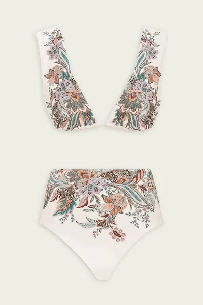 Shop Zimmermann Rhiannon Wide Shoulder Bikini Set In Cream Multi Paisley