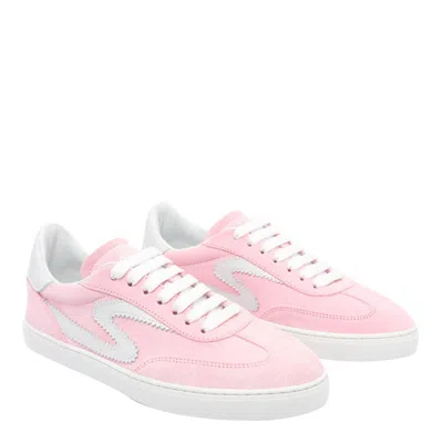 Stuart Weitzman Round Toe Suede Sneakers With Contrast Heel In Pink Marshmallow/white