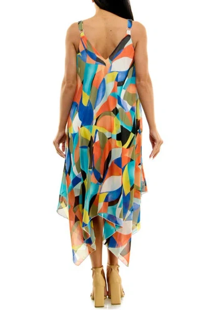 Nina Leonard Patterned Handkerchief Hem Dress In Black/deep Sapphire