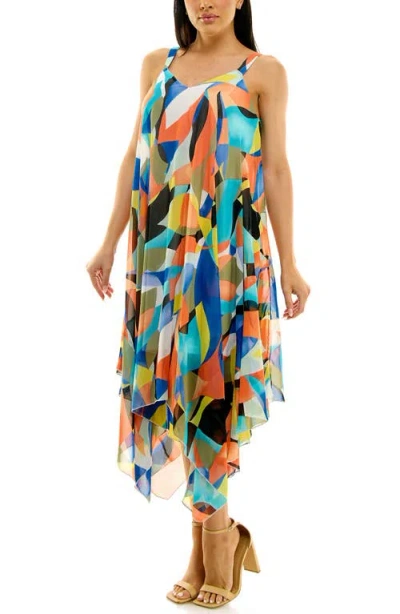 Nina Leonard Patterned Handkerchief Hem Dress In Black/deep Sapphire