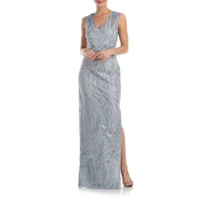 Js Collections Rosalynn Embroidered Floral V-neck Column Gown In Silver