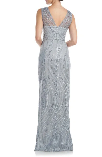 Js Collections Rosalynn Embroidered Floral V-neck Column Gown In Silver