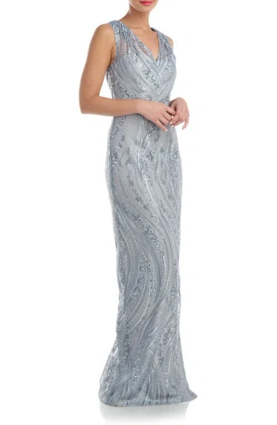 Js Collections Rosalynn Embroidered Floral V-neck Column Gown In Silver