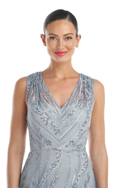 Js Collections Rosalynn Embroidered Floral V-neck Column Gown In Silver