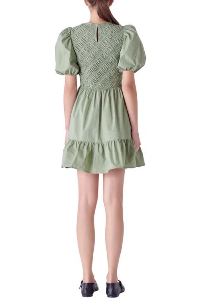 English Factory Shirred Puff Sleeve Cotton Minidress In Sage