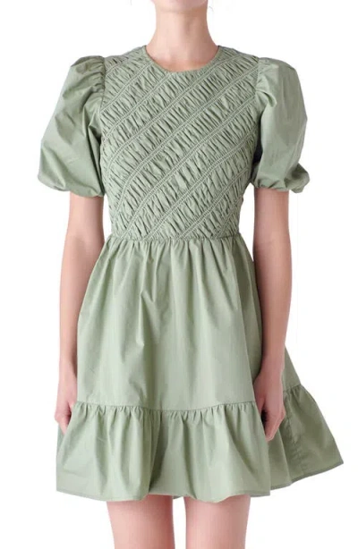 English Factory Shirred Puff Sleeve Cotton Minidress In Sage