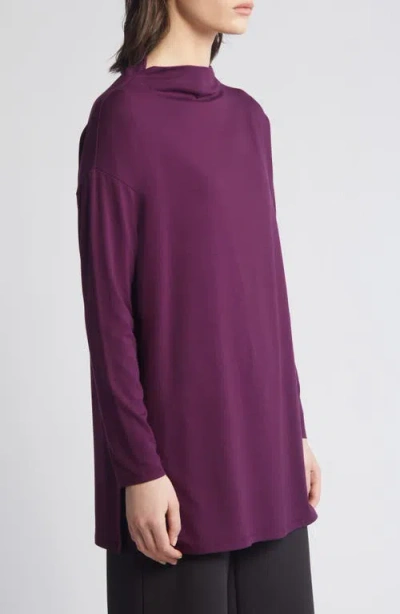 Eileen Fisher Funnel Neck Long Sleeve Boxy Tunic Top In Blackberry