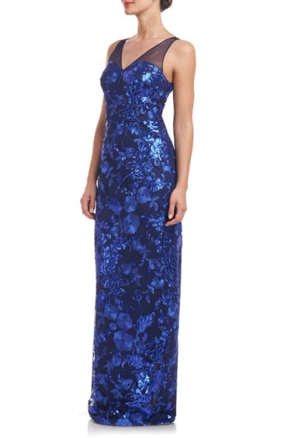 Js Collections Baylor Embroidered Sequin Sleeveless Gown In Navy/royal Blue