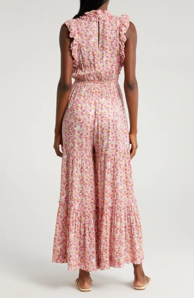 Poupette St Barth Belene Floral Tiered Ruffle Cover-up Jumpsuit In Pink Jardin