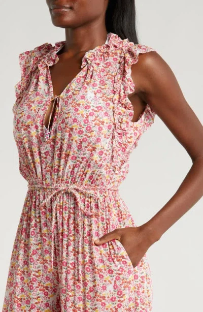 Poupette St Barth Belene Floral Tiered Ruffle Cover-up Jumpsuit In Pink Jardin