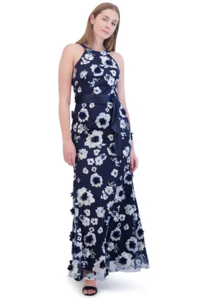 ELIZA J ELIZA J EMBROIDERED FLORAL APPLIQUÉ HALTER NECK GOWN 