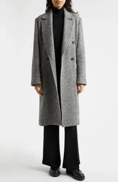 Vince Herringbone Tweed Double Breasted Coat In Charcoal
