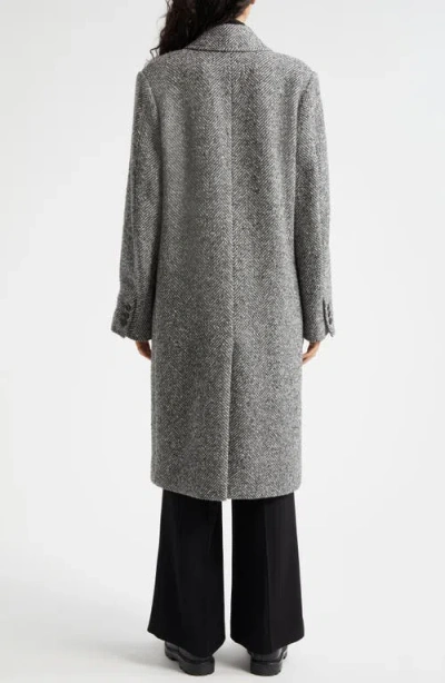 Vince Herringbone Tweed Double Breasted Coat In Charcoal