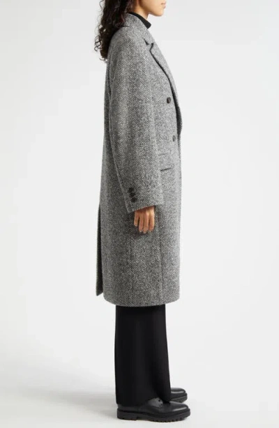 Vince Herringbone Tweed Double Breasted Coat In Charcoal