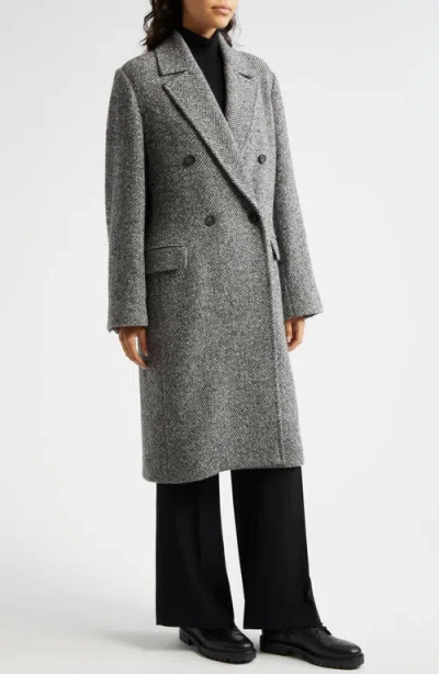 Vince Herringbone Tweed Double Breasted Coat In Charcoal
