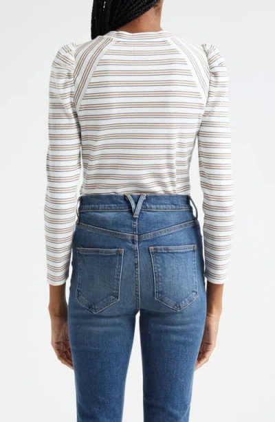 Veronica Beard Delano Stripe Puff Shoulder Stretch Cotton Rib Top In Off White Multi