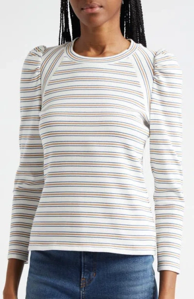 Veronica Beard Delano Stripe Puff Shoulder Stretch Cotton Rib Top In Off White Multi
