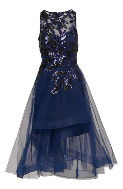 ADRIANNA PAPELL ADRIANNA PAPELL SEQUIN LEAF SLEEVELESS HIGH-LOW COCKTAIL DRESS 
