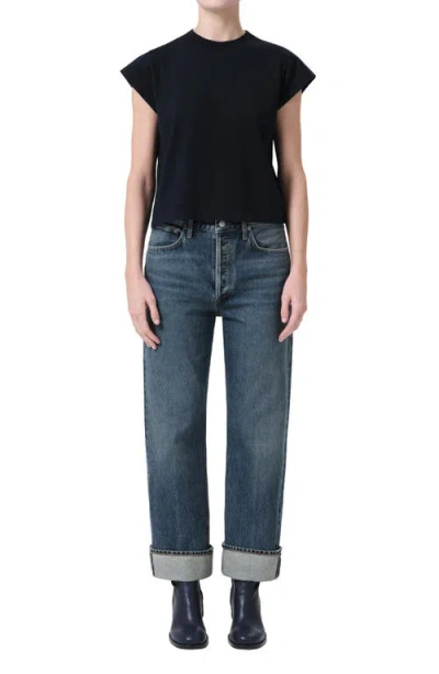Agolde Fran High Waist Cuff Wide Leg Jeans In Blue