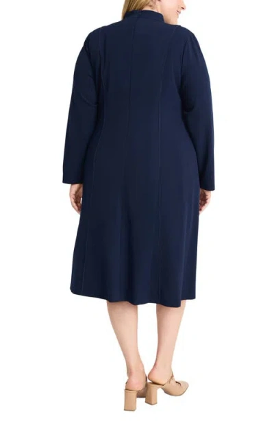 Maggy London Split Neck Long Sleeve Midi Dress In Navy Blazer