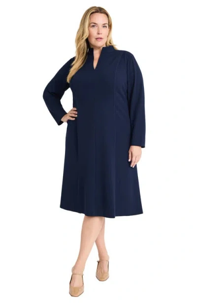 Maggy London Split Neck Long Sleeve Midi Dress In Navy Blazer