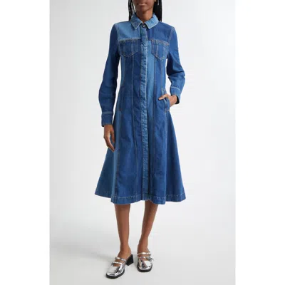 Stine Goya Long Sleeve Two Tone Organic Cotton Denim Shirtdress In Two Tone Denim