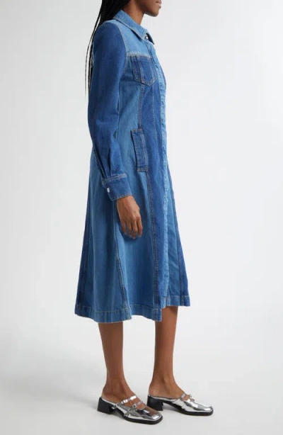 Stine Goya Long Sleeve Two Tone Organic Cotton Denim Shirtdress In Two Tone Denim