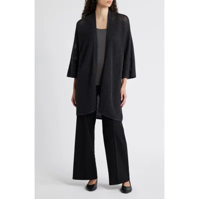 Eileen Fisher Open Stitch Longline Wool Cardigan In Charcoal