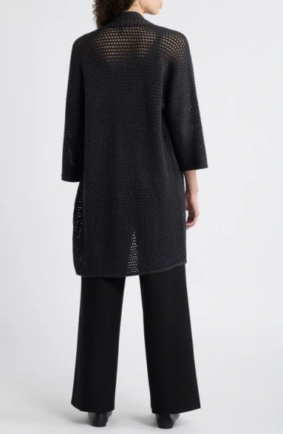 Eileen Fisher Open Stitch Longline Wool Cardigan In Charcoal