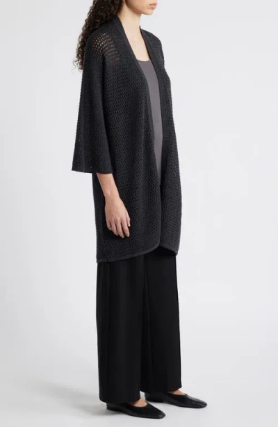 Eileen Fisher Open Stitch Longline Wool Cardigan In Charcoal