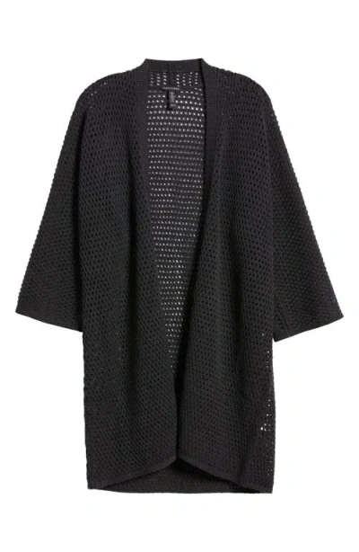 Eileen Fisher Open Stitch Longline Wool Cardigan In Charcoal