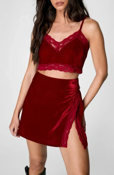 Nasty Gal Lace Trim Side Slit Velvet Miniskirt In Red