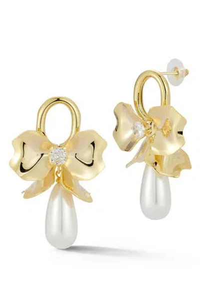 Sphera Milano Faux Pearl Bow Drop Earrings In Gold