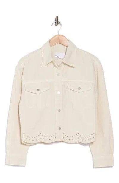 Daniel Rainn Embroidered Eyelet Scallop Crop Denim Jacket In Washed Almond