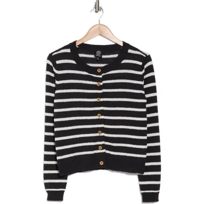 Bobeau Stripe Button Front Crop Cardigan In Navy/ivory