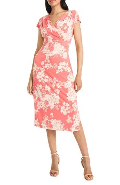 Maggy London Draped Short Sleeve Midi Dress In Coral/ivory