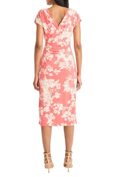 Maggy London Draped Short Sleeve Midi Dress In Coral/ivory