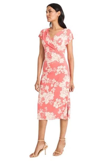 Maggy London Draped Short Sleeve Midi Dress In Coral/ivory