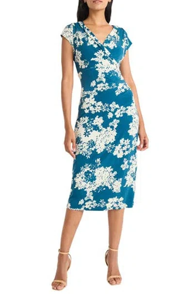 Maggy London Draped Short Sleeve Midi Dress In Barrier Reef/ivory