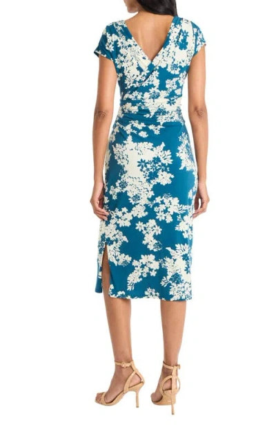 Maggy London Draped Short Sleeve Midi Dress In Barrier Reef/ivory
