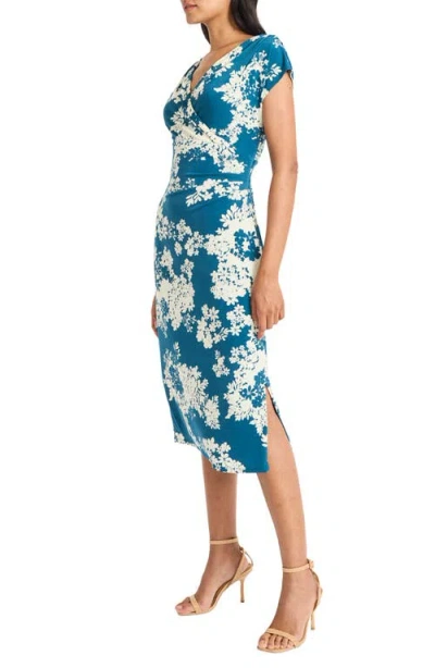 Maggy London Draped Short Sleeve Midi Dress In Barrier Reef/ivory