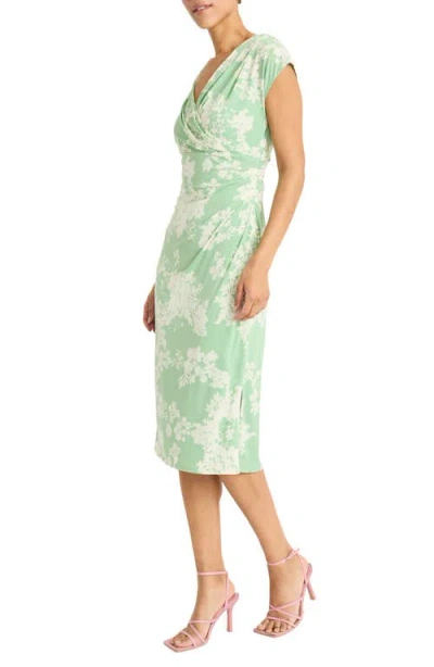 Maggy London Draped Short Sleeve Midi Dress In Sage/ivory