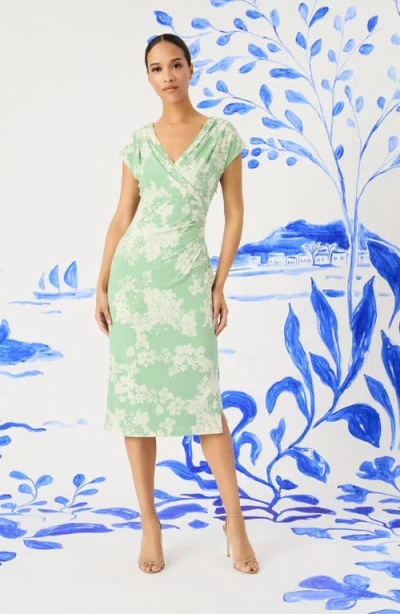 Maggy London Draped Short Sleeve Midi Dress In Sage/ivory