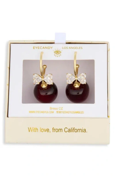 Eye Candy Los Angeles Cherry Bow Drop Huggie Earrings In Red