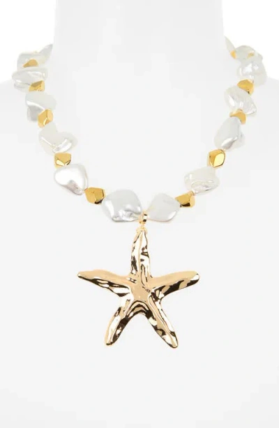Eye Candy Los Angeles Talia Beaded Pearl Starfish Necklace In Gold