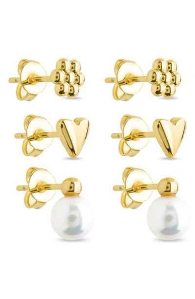 Sterling Forever Irene Faux Pearl Set Of 3 Assorted Stud Earrings In Gold