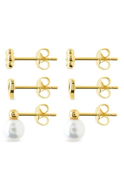 Sterling Forever Irene Faux Pearl Set Of 3 Assorted Stud Earrings In Gold