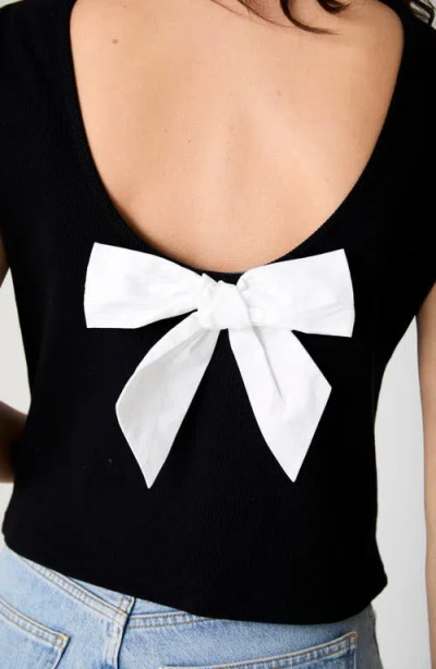 French Connection Bow Back Stretch Cotton T-shirt In Black/summer White