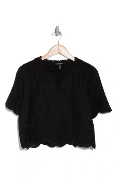 Ellen Tracy Embroidered Eyelet Short Sleeve Popover Top In Black
